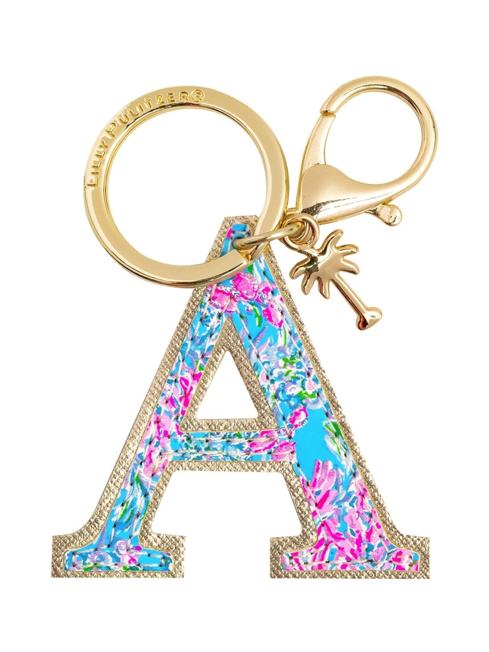 Lilly Pulitzer Blue Floral 'A' Initial Keychain Bag Charm with Gold Accents New